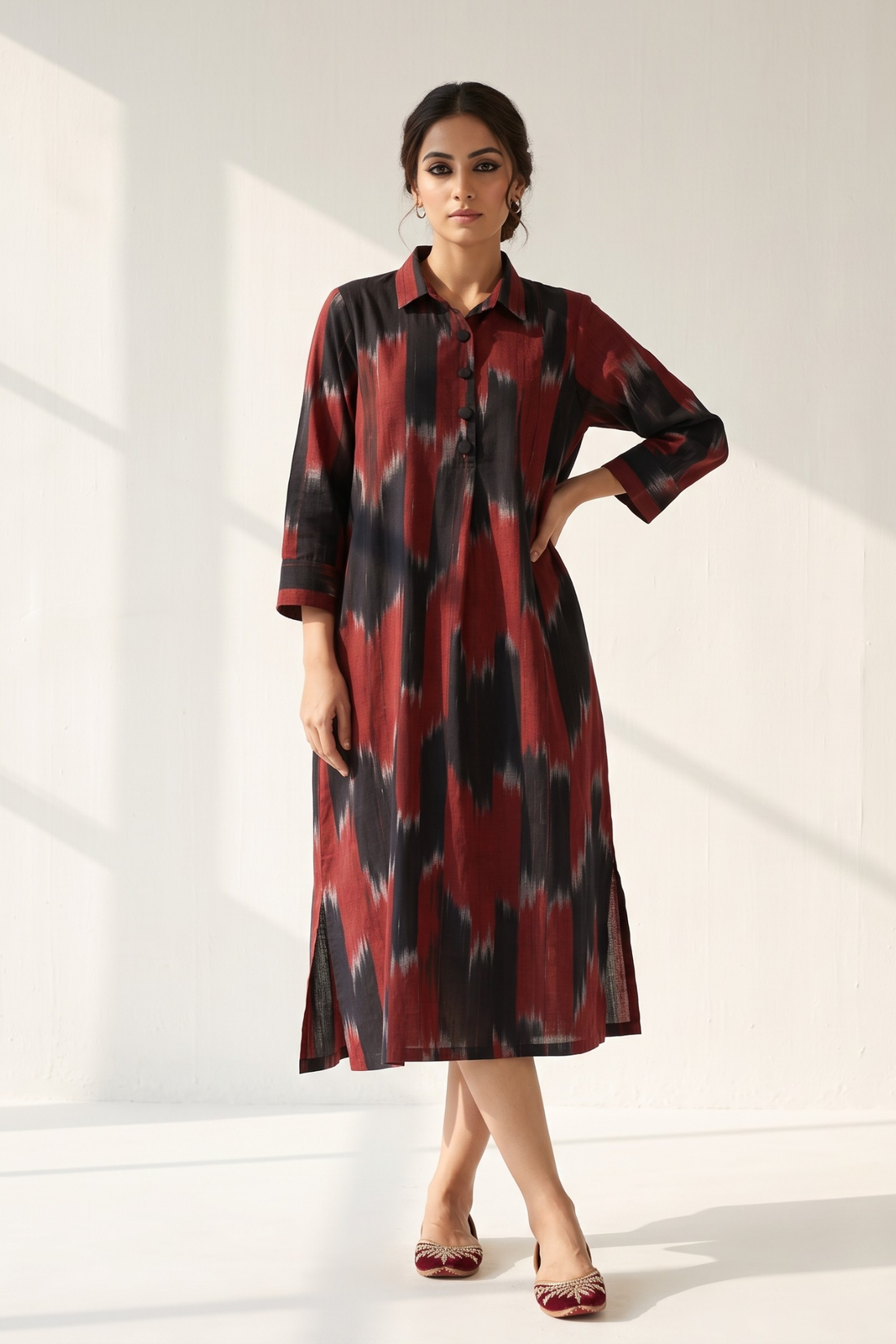 Black_Red_Chevron_Long_Shirt_Dress_With_Slit