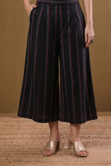 Box Pleated Culotte - Black with blue pink zigzag