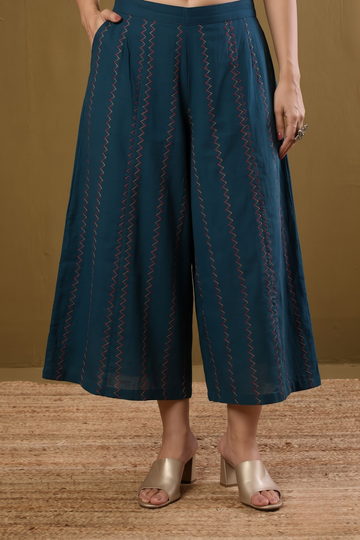 Box Pleated Culotte - Teal with pink yellow zigzag