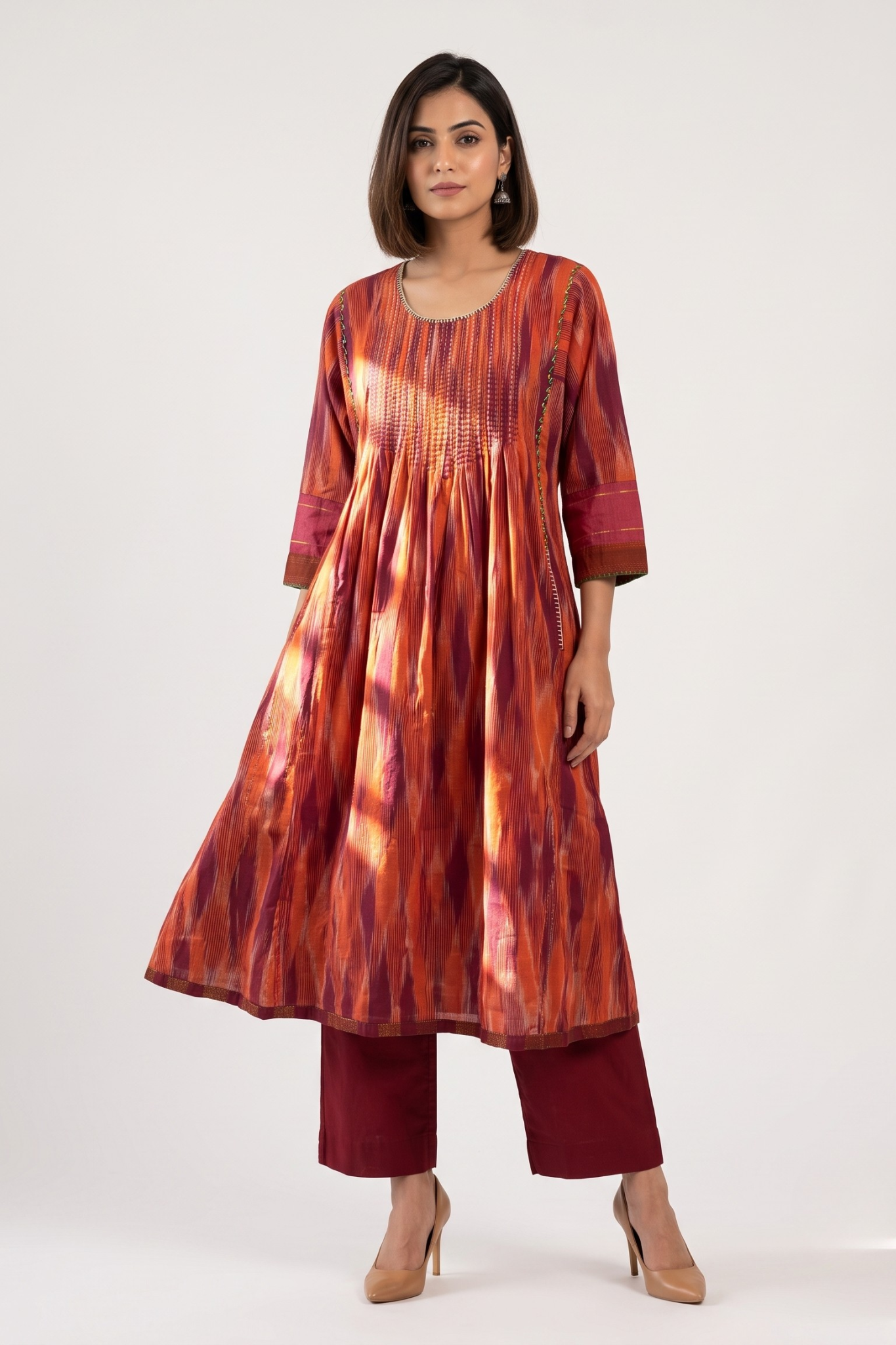 Burnt_Saffron_Ikat_Pintuck_Yoke_Kalidar_Kurta
