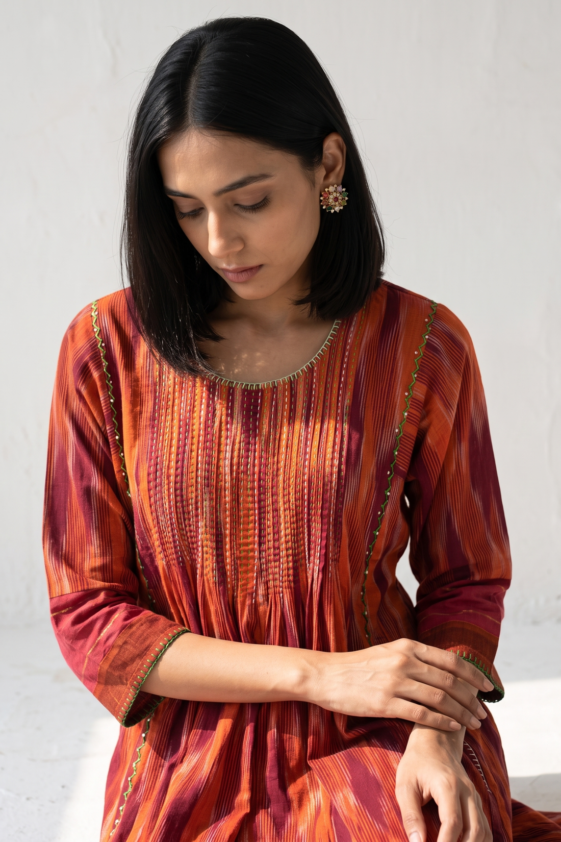 Burnt_Saffron_Ikat_Pintuck_Yoke_Kalidar_Kurta
