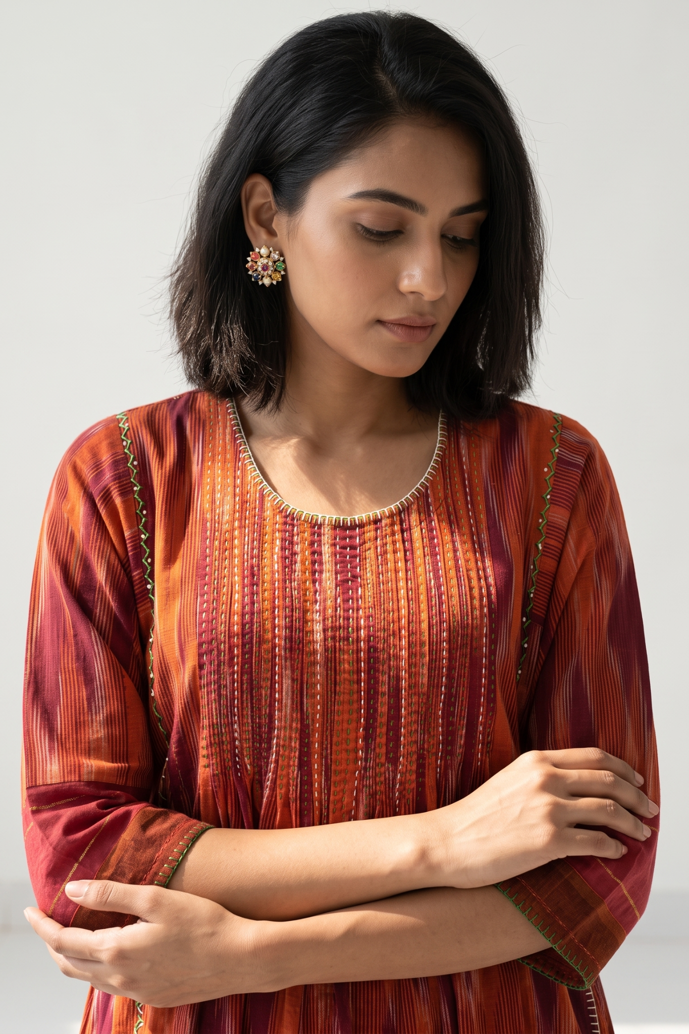 Burnt_Saffron_Ikat_Pintuck_Yoke_Kalidar_Kurta