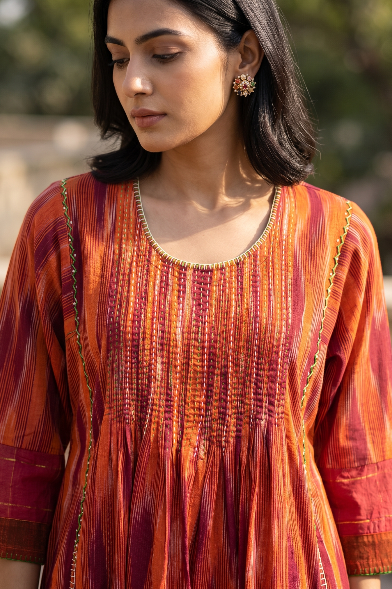 Burnt_Saffron_Ikat_Pintuck_Yoke_Kalidar_Kurta