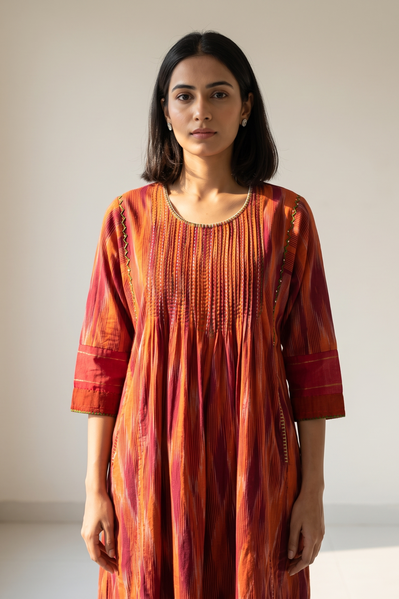 Burnt_Saffron_Ikat_Pintuck_Yoke_Kalidar_Kurta