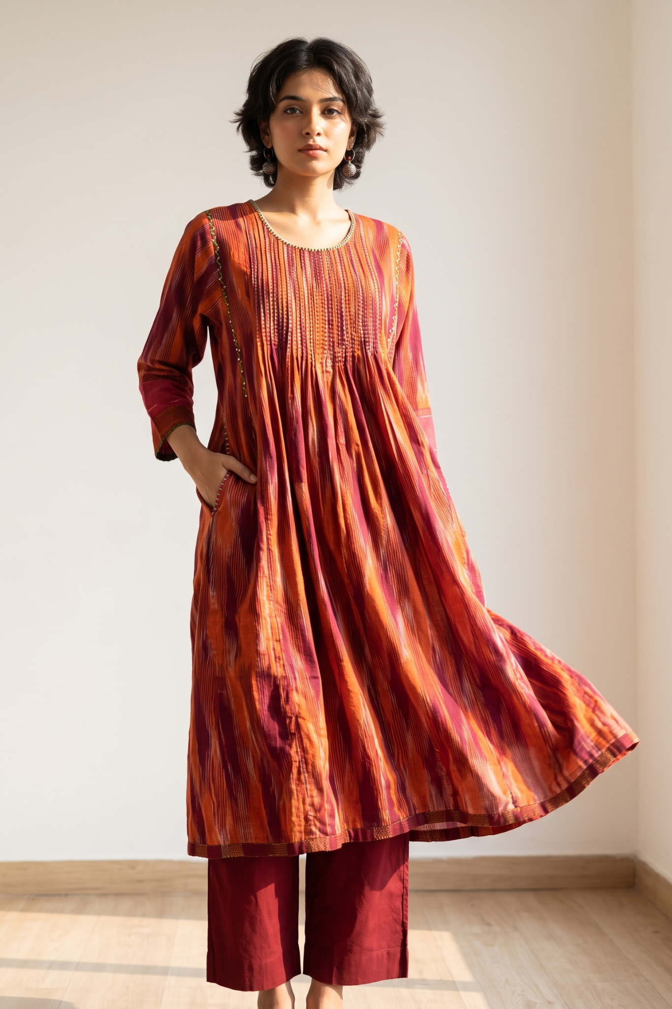 Burnt_Saffron_Ikat_Pintuck_Yoke_Kalidar_Kurta