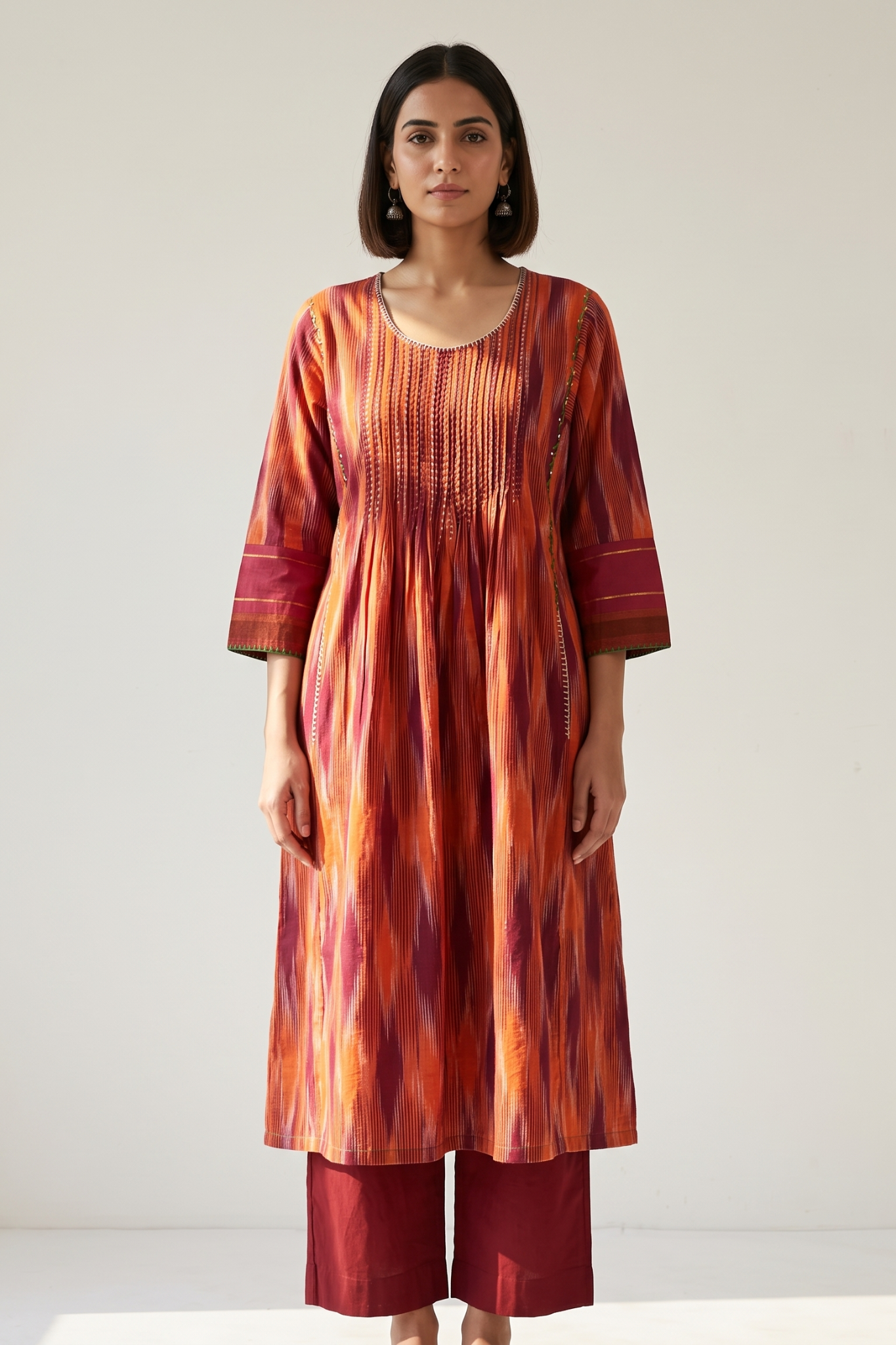 Burnt_Saffron_Ikat_Pintuck_Yoke_Kalidar_Kurta
