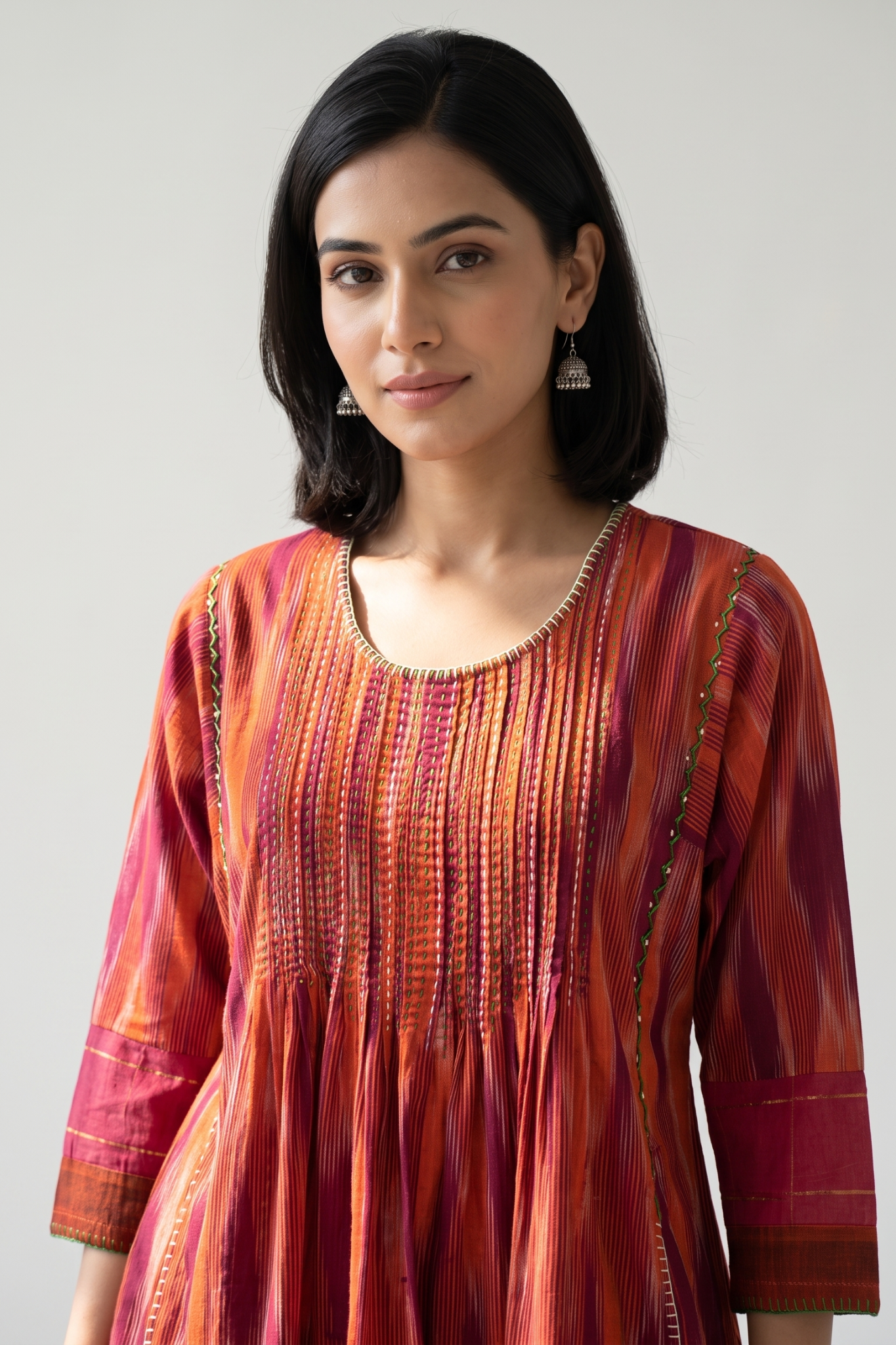 Burnt_Saffron_Ikat_Pintuck_Yoke_Kalidar_Kurta