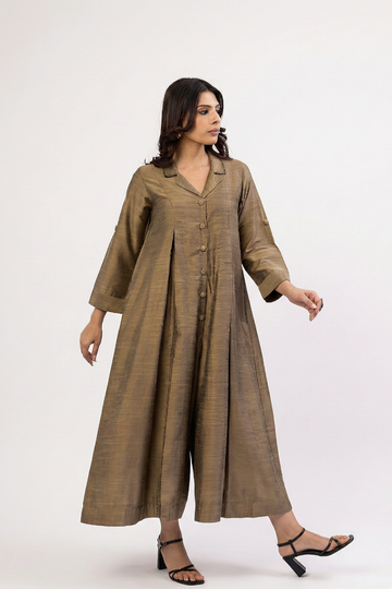 Beige Luxe Silk Slub Jumpsuit with Pockets & Collar