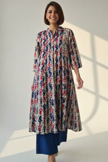 Azure Ruby Batik Stand Collar Pintuck Yoke Anarkali