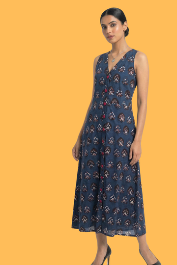 Indigo Muse V-neck Button Down Dress