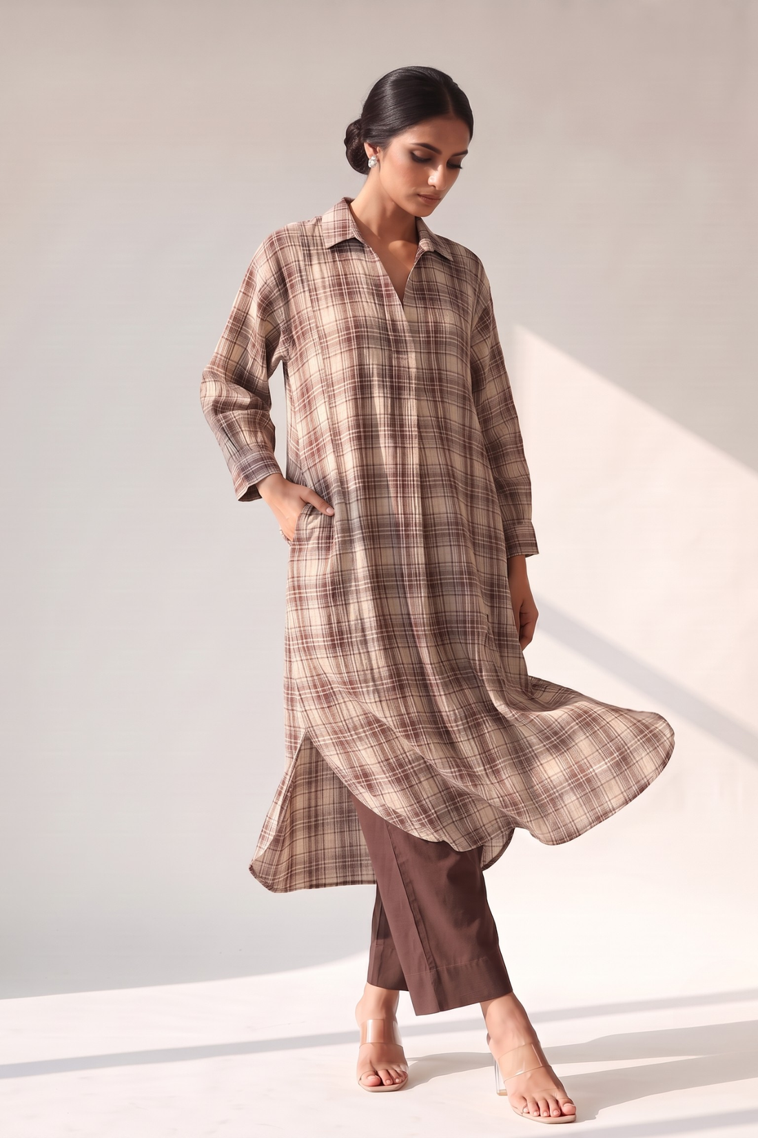 Chestnut_Crinckled_Checks_Cotton_Collar_Box_Pleat_Kurta