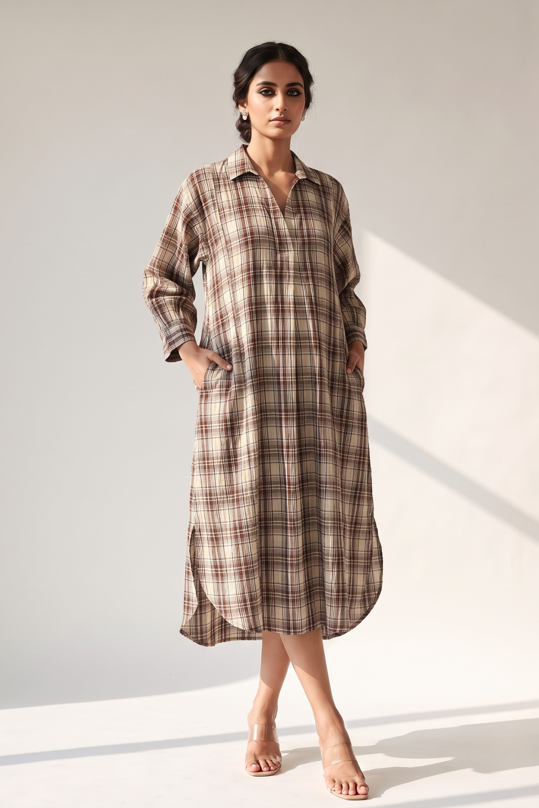 Chestnut_Crinckled_Checks_Cotton_Collar_Box_Pleat_Kurta