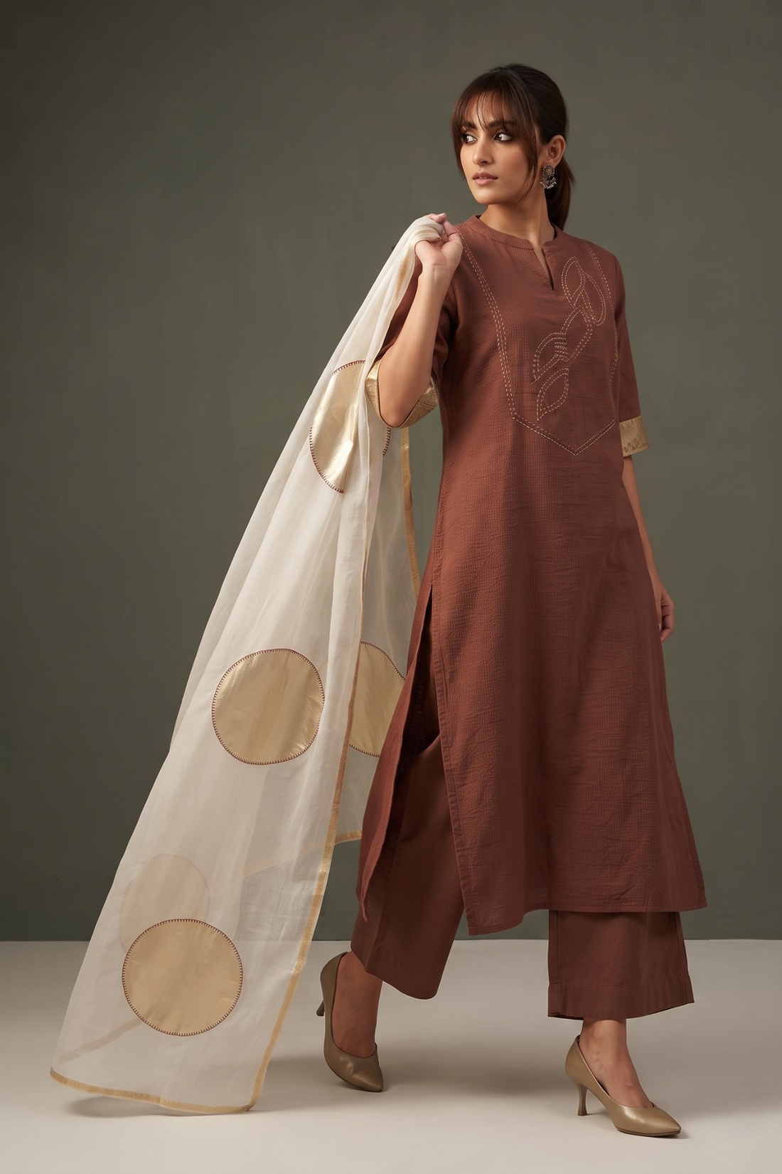 Cinnamon_Spice_brown_long_yoke_panel_Cotton_kurta