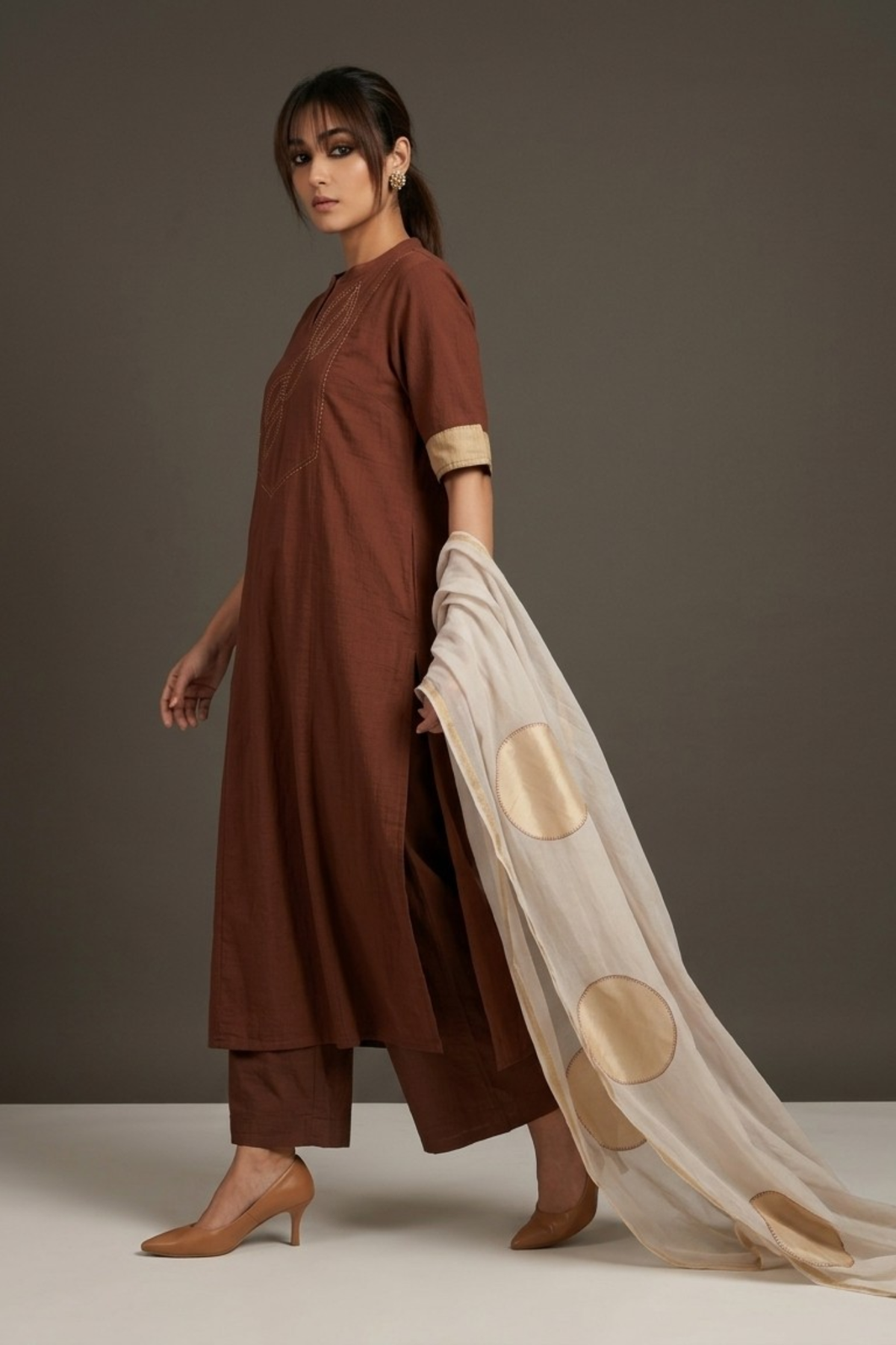 Cinnamon_Spice_brown_long_yoke_panel_Cotton_kurta