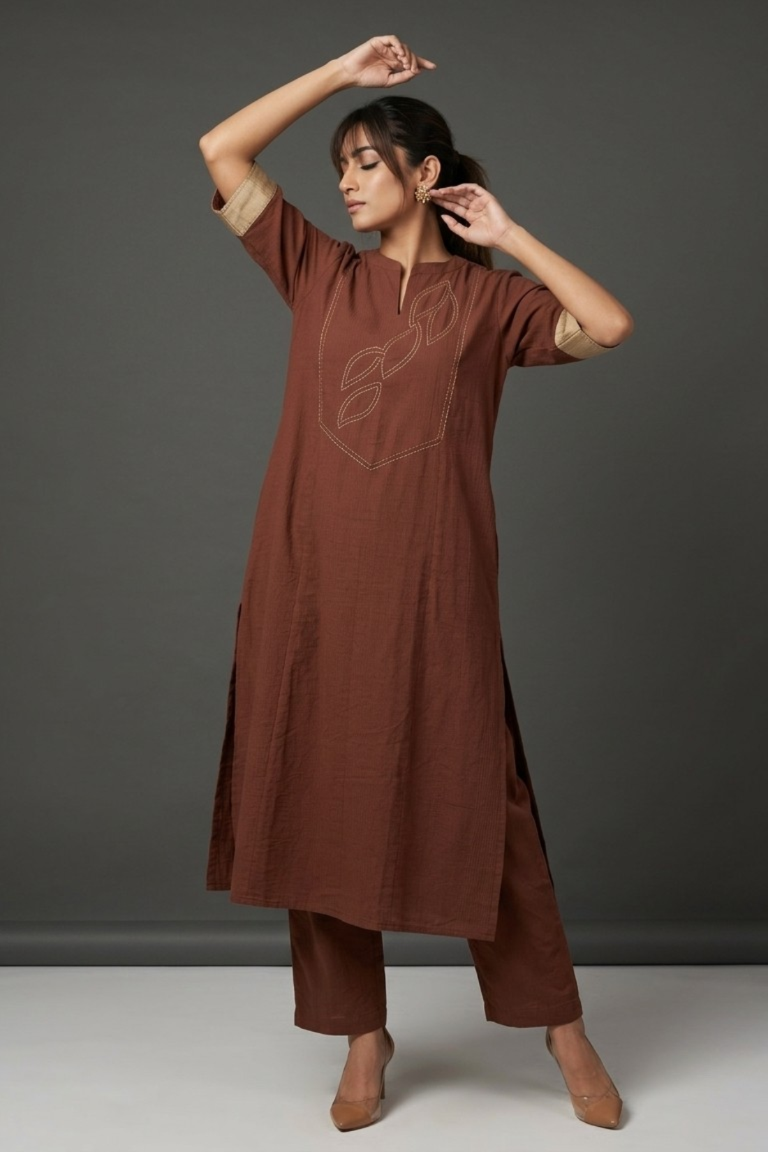 Cinnamon_Spice_brown_long_yoke_panel_Cotton_kurta