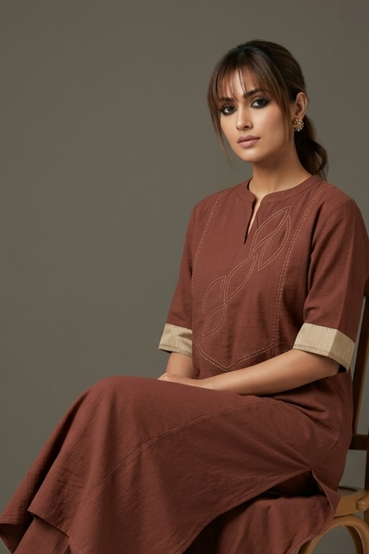 Cinnamon_Spice_brown_long_yoke_panel_Cotton_kurta