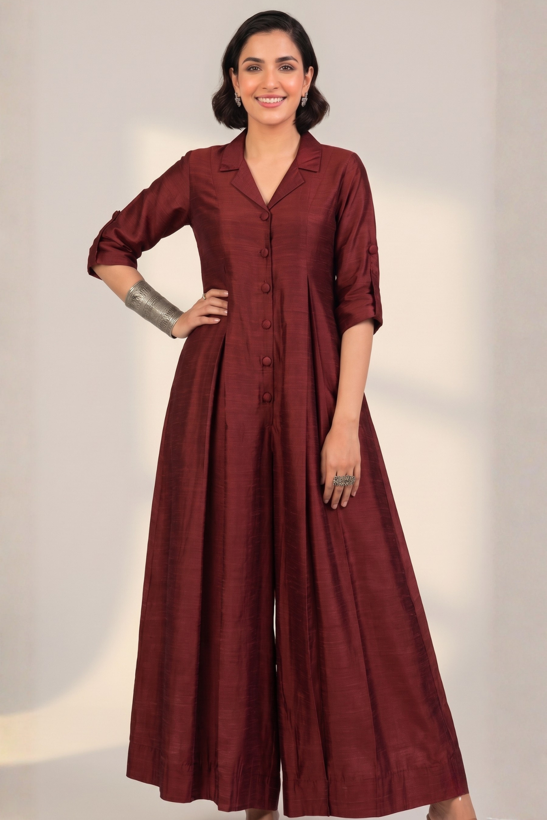 Clay Wine Silk Slub Jumpsuit with Pockets & Collar