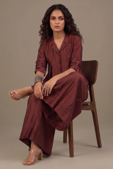 Clay Wine Silk Slub Jumpsuit with Pockets & Collar