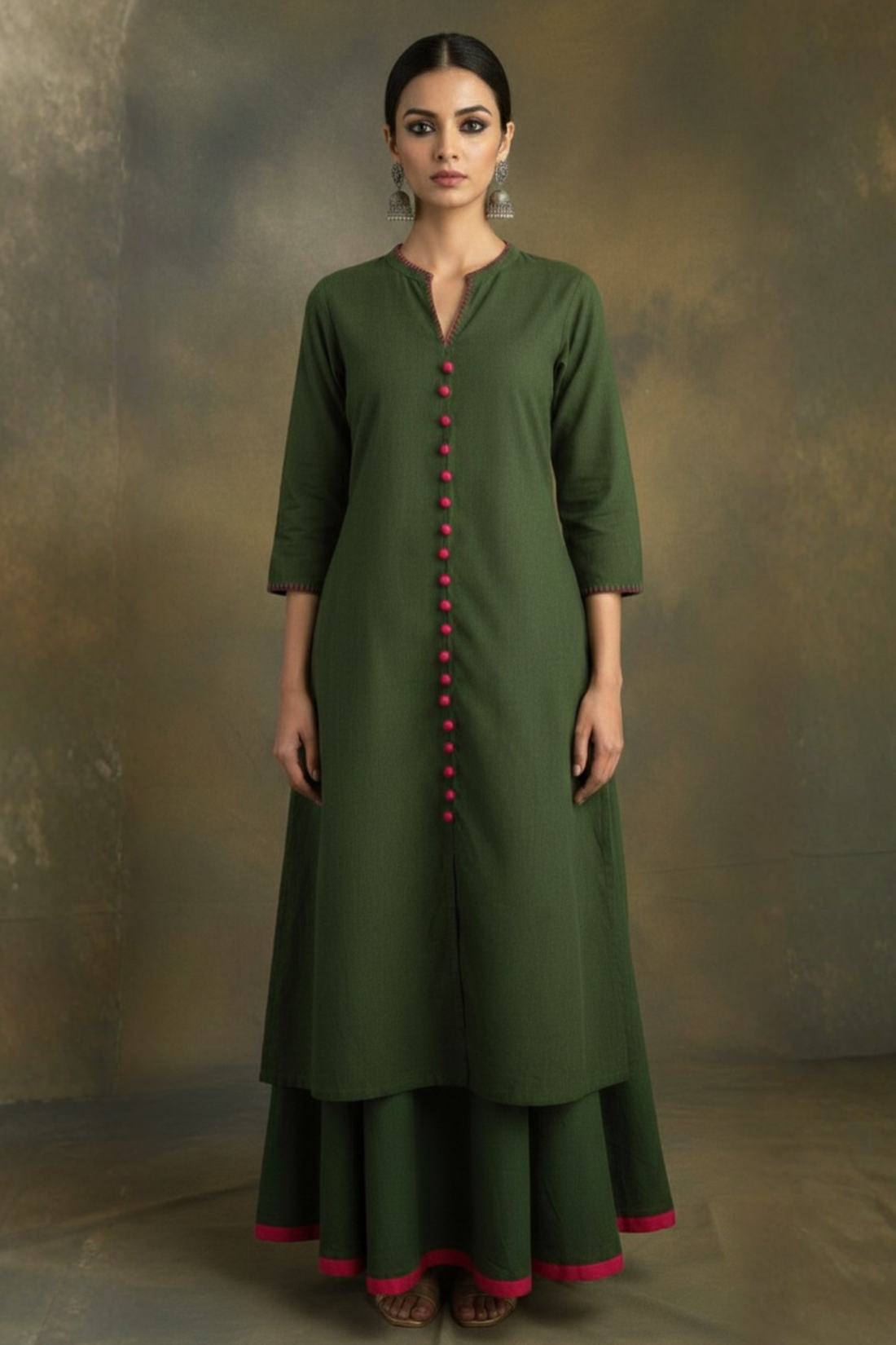 Green South Cotton Kurta with Pink potlis and Flared Skirt Coord Set