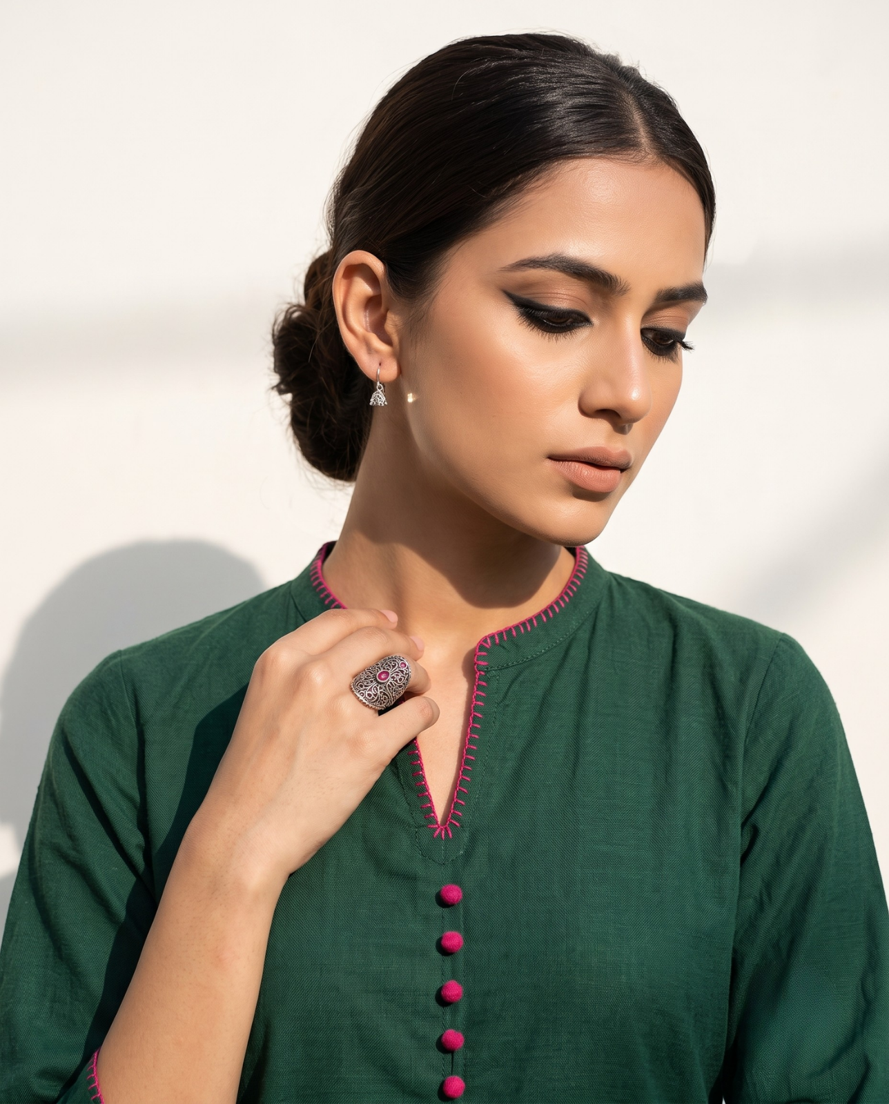 Co-ord_Set_Forest_Green_Cotton_Button_Down_Kurta_with_Flared_Skirt