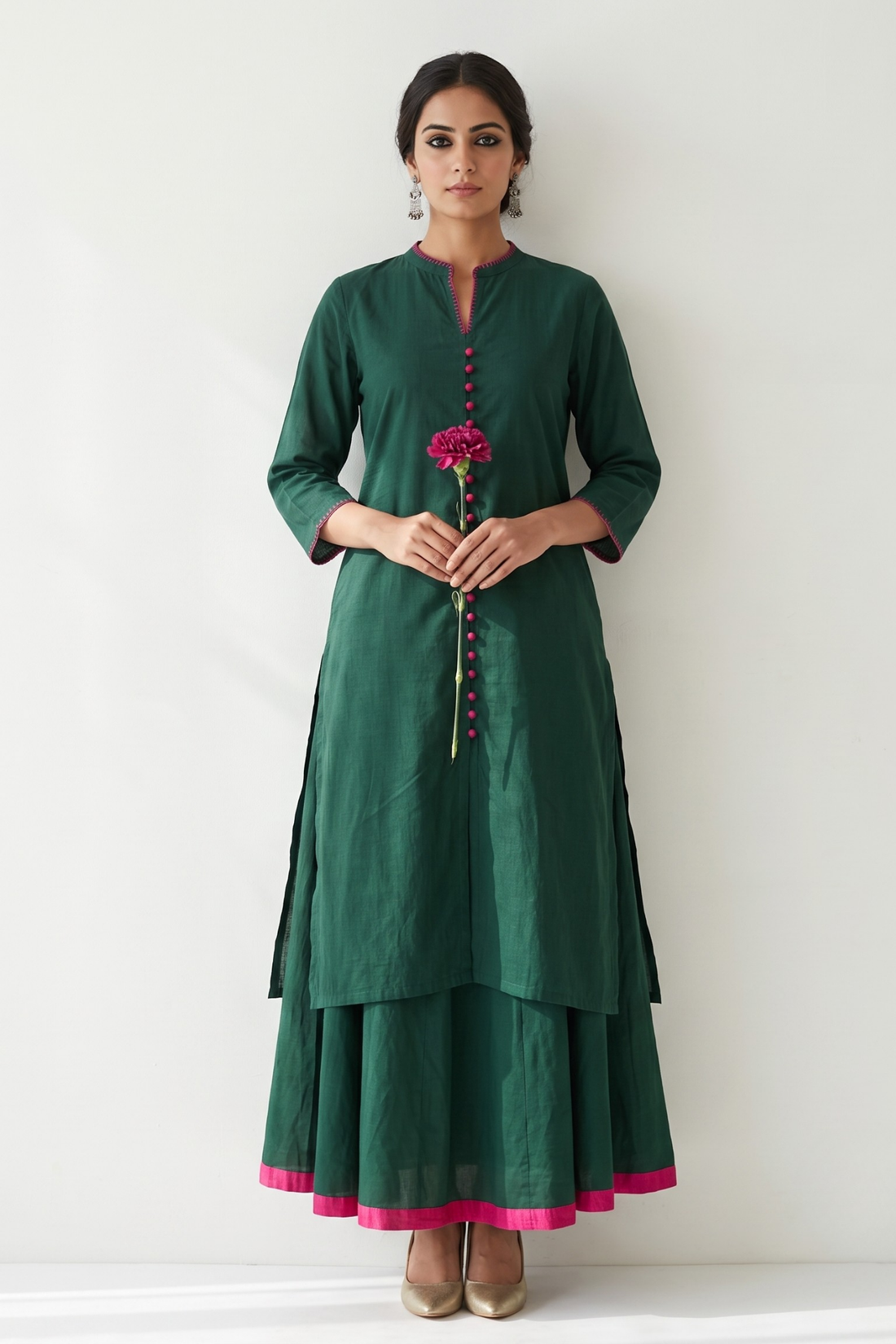 Co-ord_Set_Forest_Green_Cotton_Button_Down_Kurta_with_Flared_Skirt
