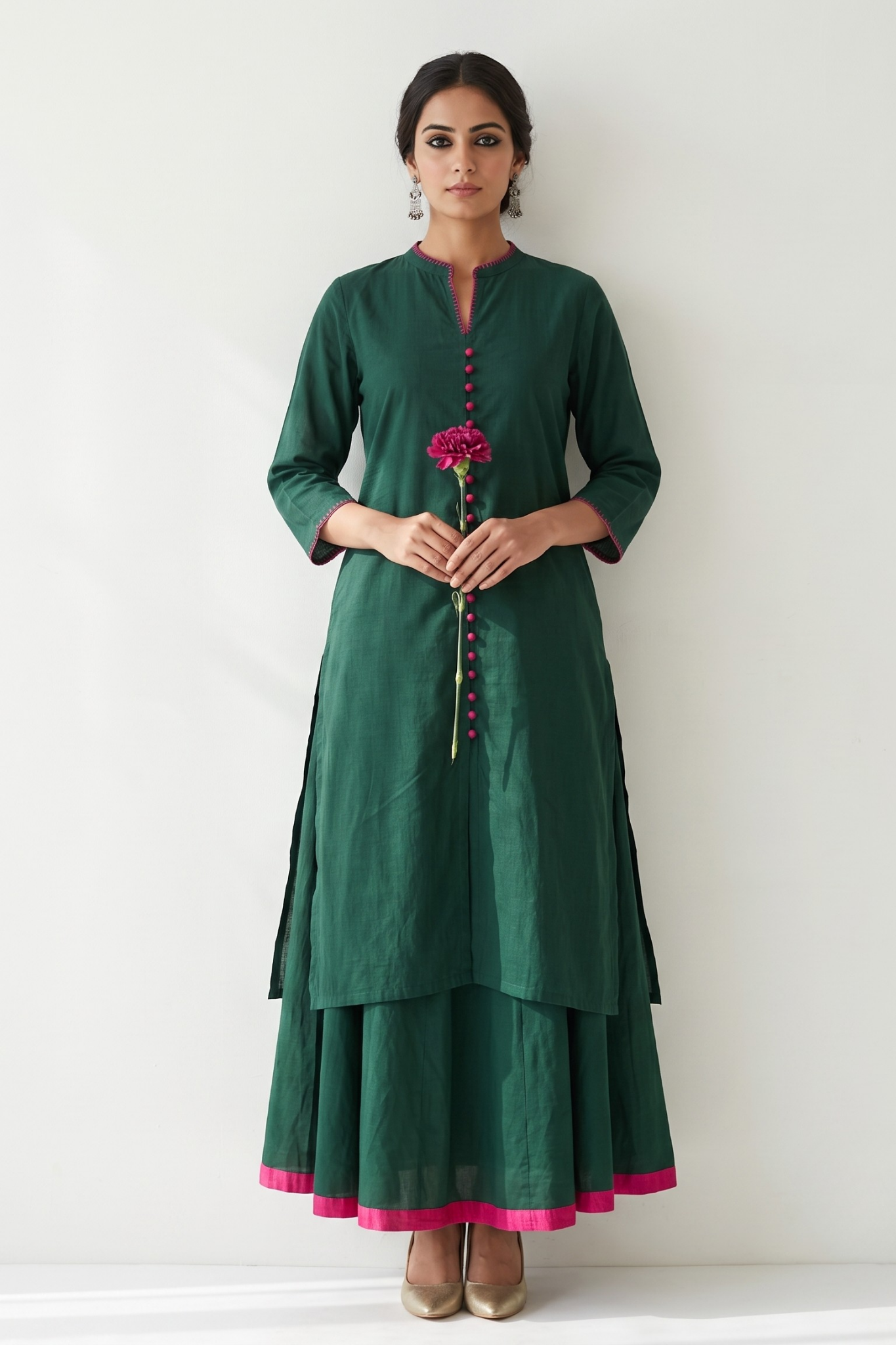 Co-ord_Set_Forest_Green_Cotton_Button_Down_Kurta_with_Flared_Skirt