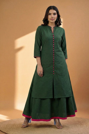 Co-ord Set Forest Green Cotton Button Down Kurta with Flared Skirt