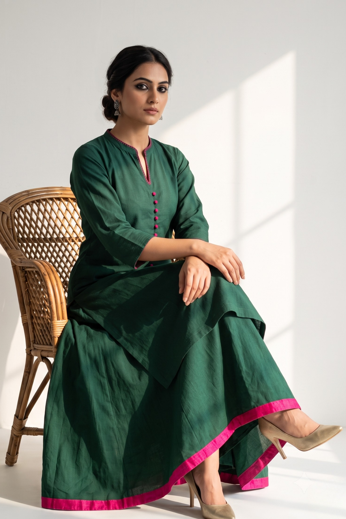 Co-ord_Set_Forest_Green_Cotton_Button_Down_Kurta_with_Flared_Skirt