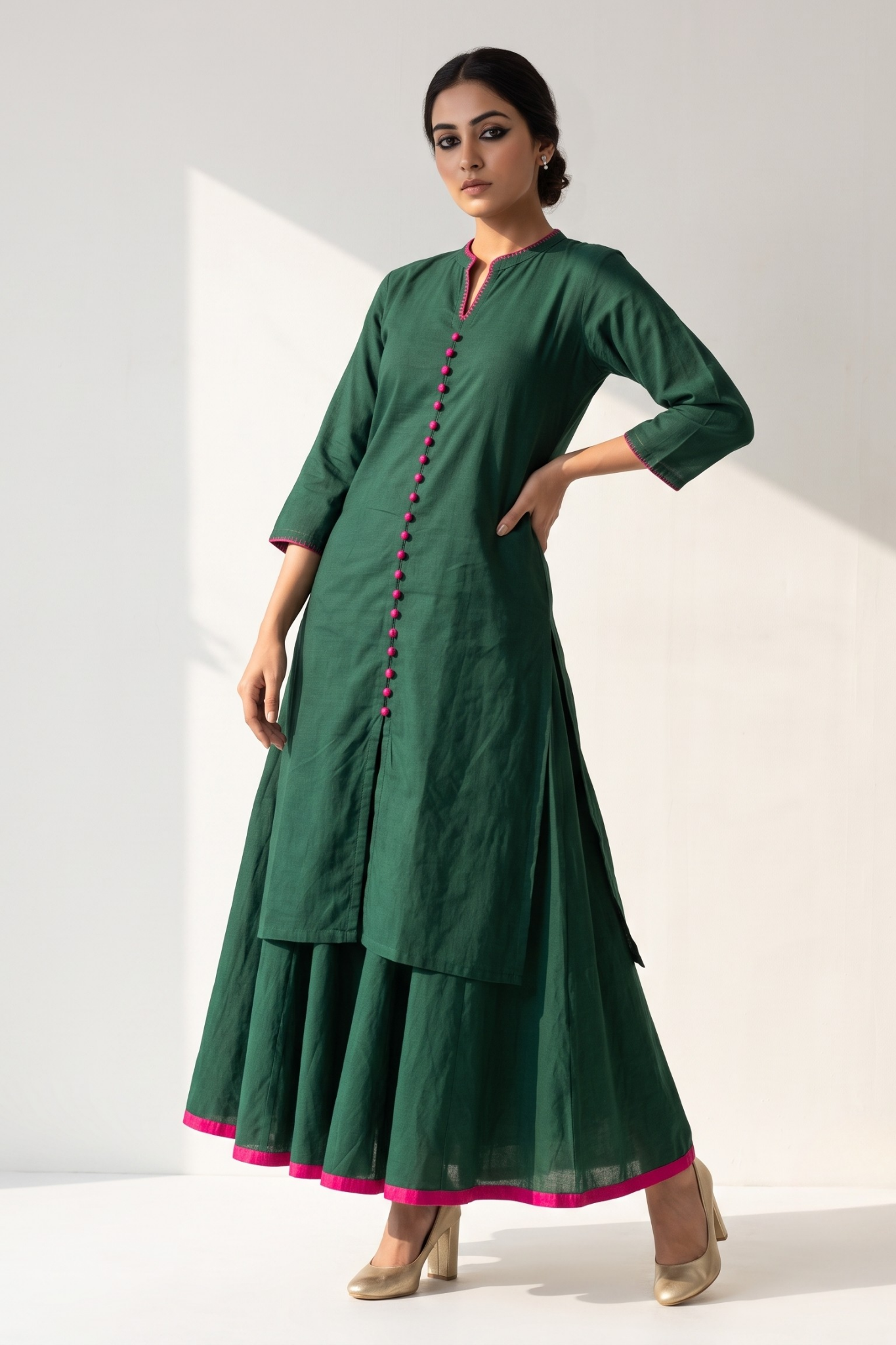 Co-ord_Set_Forest_Green_Cotton_Button_Down_Kurta_with_Flared_Skirt