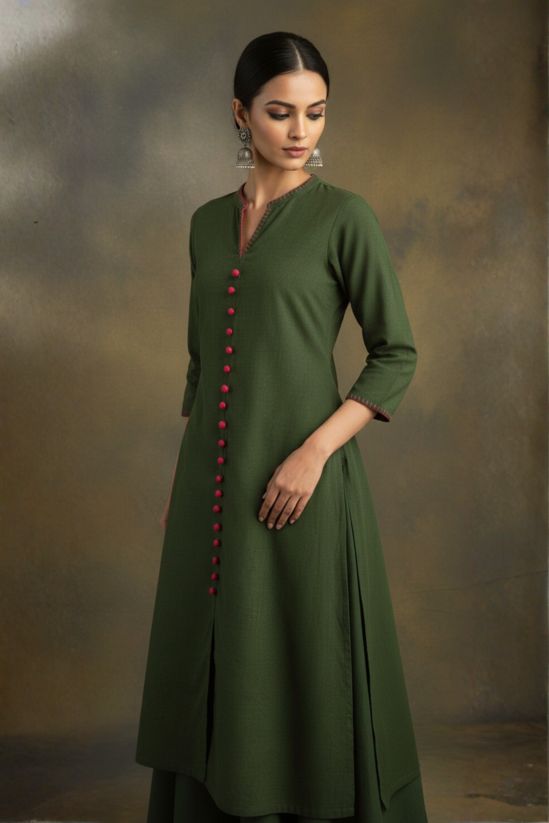 Green South Cotton Kurta with Pink potlis and Flared Skirt Coord Set