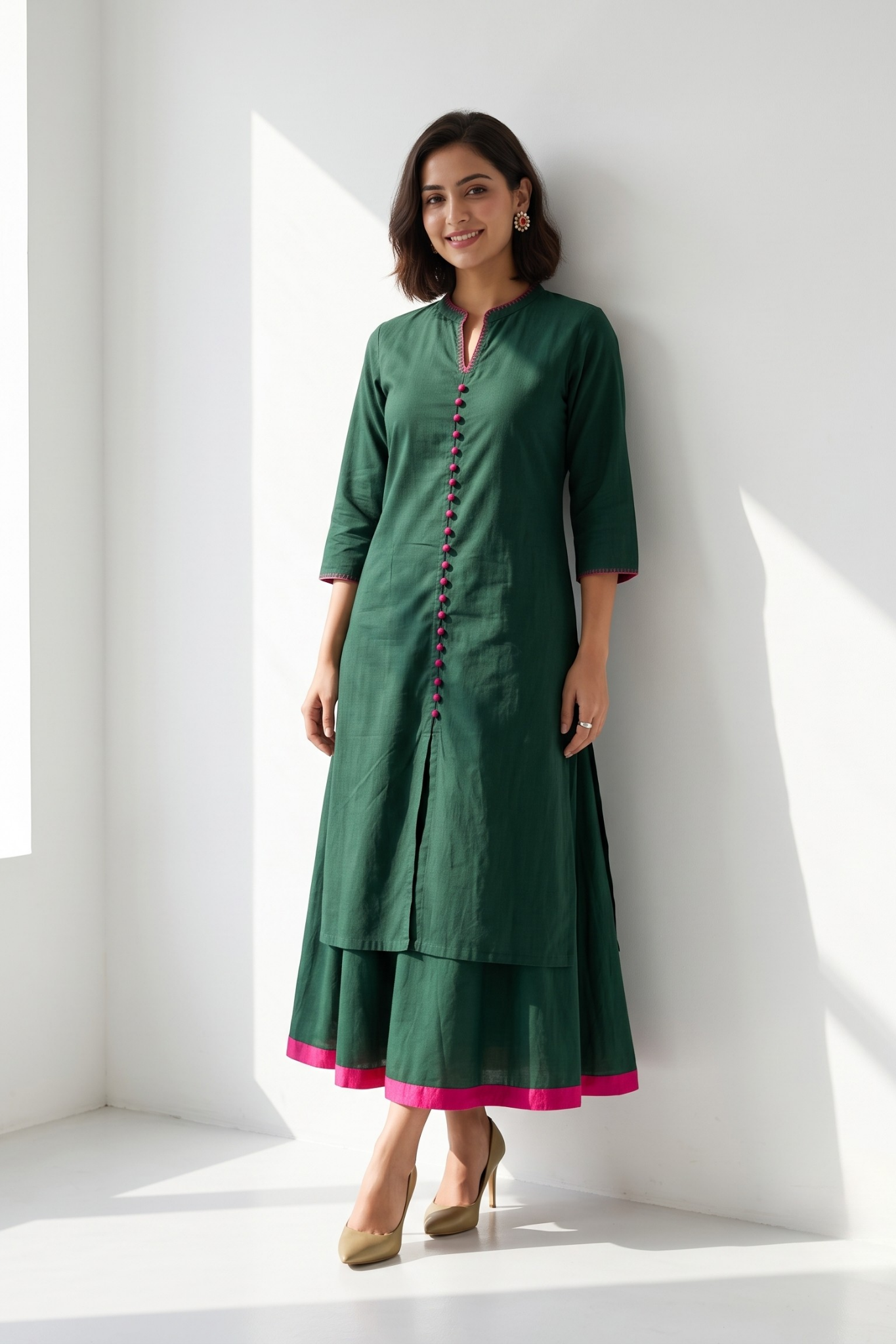 Co-ord_Set_Forest_Green_Cotton_Button_Down_Kurta_with_Flared_Skirt