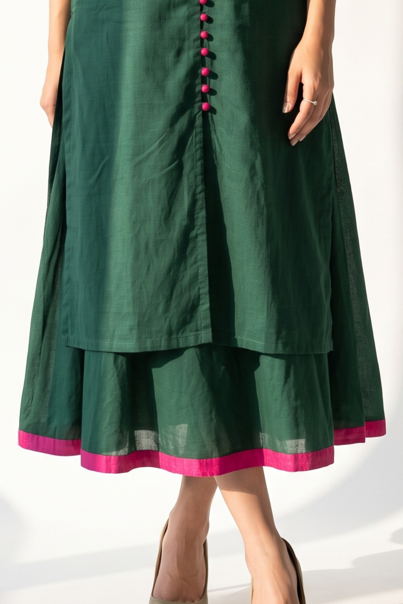 Co-ord_Set_Forest_Green_Cotton_Button_Down_Kurta_with_Flared_Skirt