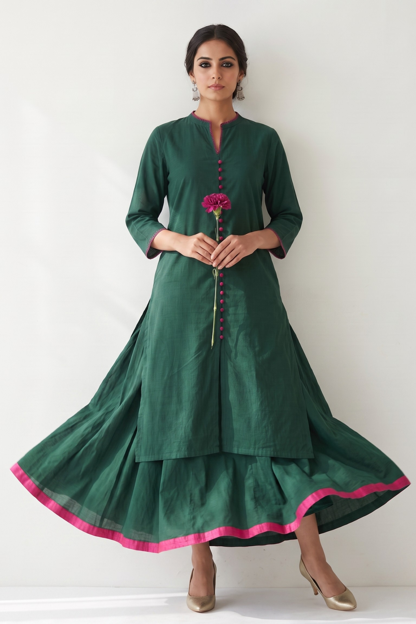 Co-ord_Set_Forest_Green_Cotton_Button_Down_Kurta_with_Flared_Skirt