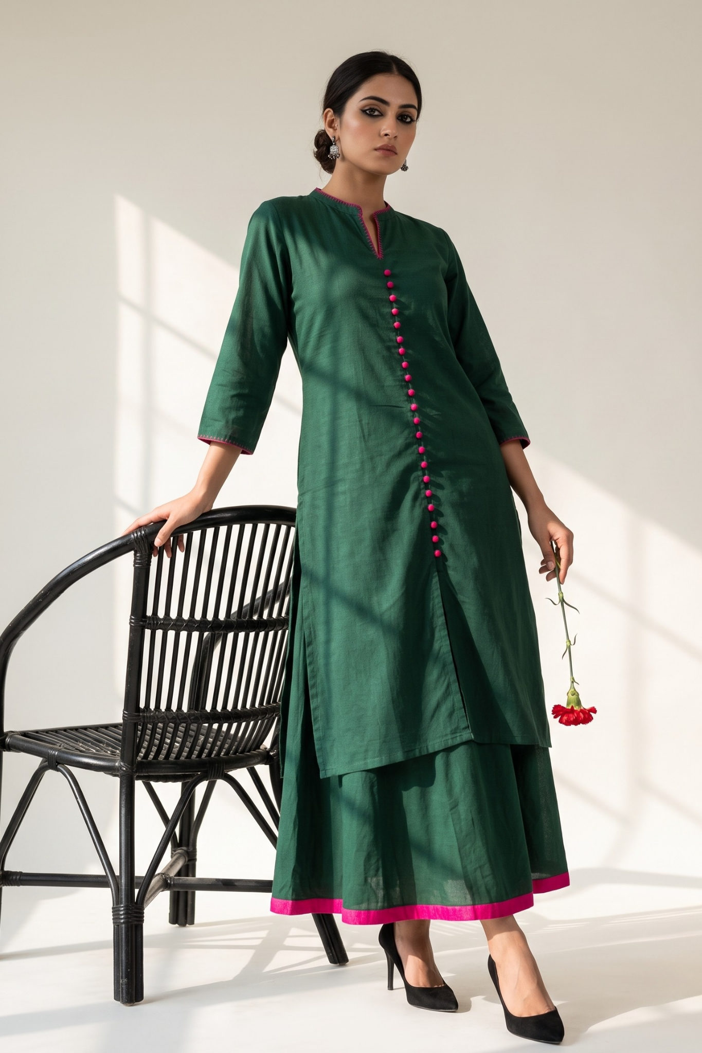 Co-ord_Set_Forest_Green_Cotton_Button_Down_Kurta_with_Flared_Skirt