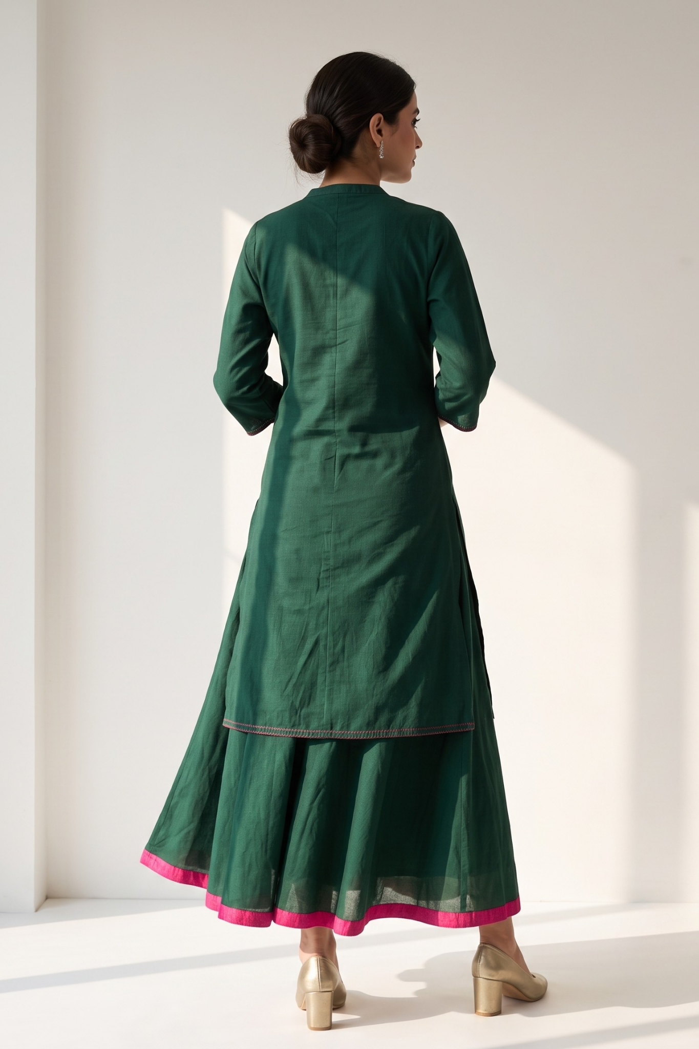 Co-ord_Set_Forest_Green_Cotton_Button_Down_Kurta_with_Flared_Skirt