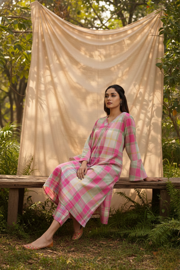 Co-ord Set Fuchsia Plaid Dream Modern Long Tunic Kurta & Pants