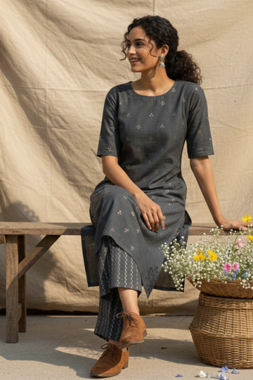 Co-ord Set Slate Triangle Weave Cotton Side Button Adjustable Slit Kurta & Pants