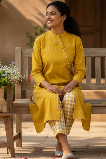 Co-ord Set Sunbeam Triangle Cotton Cross Potli Angrakha Kurta and pants