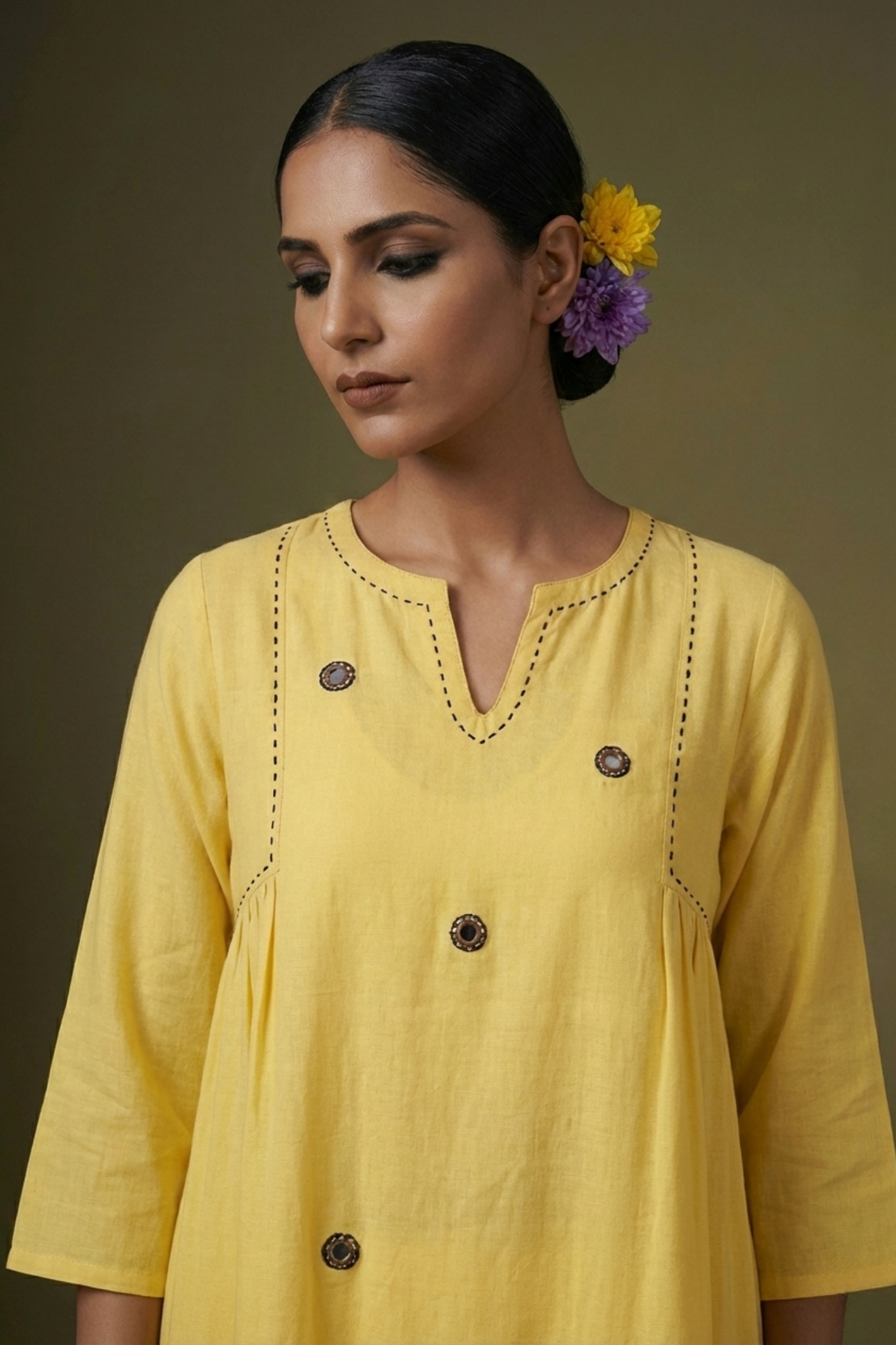 Yellow modal kurta with embroidery