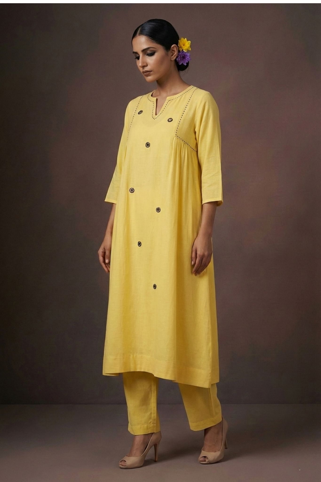 Yellow modal kurta with embroidery