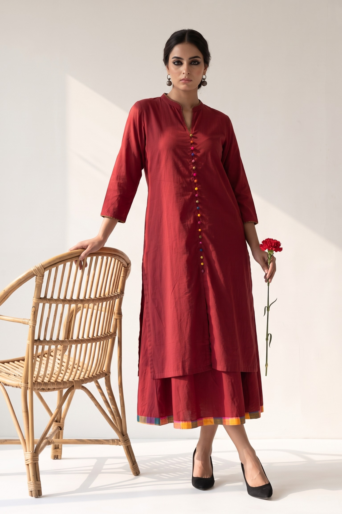 Co_ord_Set_Crimson_Cotton_Classic_Button_Down_Kurta_with_Flared_Skirt