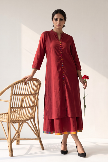 Co_ord_Set_Crimson_Cotton_Classic_Button_Down_Kurta_with_Flared_Skirt