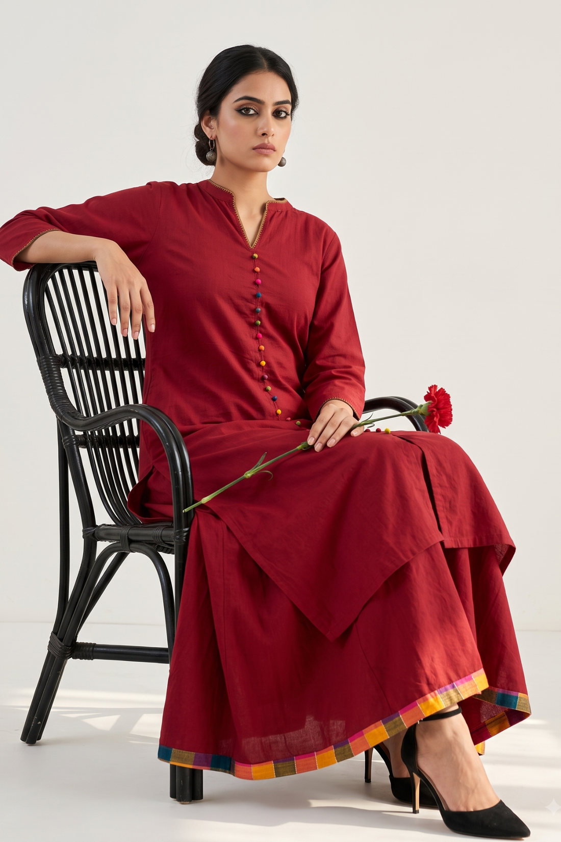 Co_ord_Set_Crimson_Cotton_Classic_Button_Down_Kurta_with_Flared_Skirt