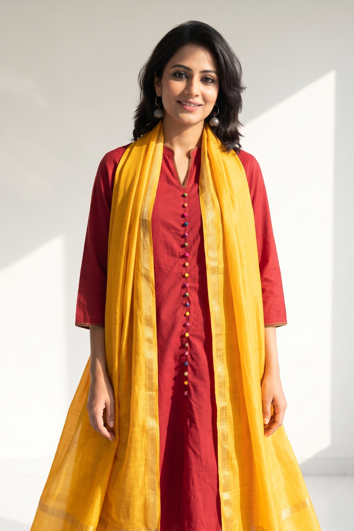Co_ord_Set_Crimson_Cotton_Classic_Button_Down_Kurta_with_Flared_Skirt
