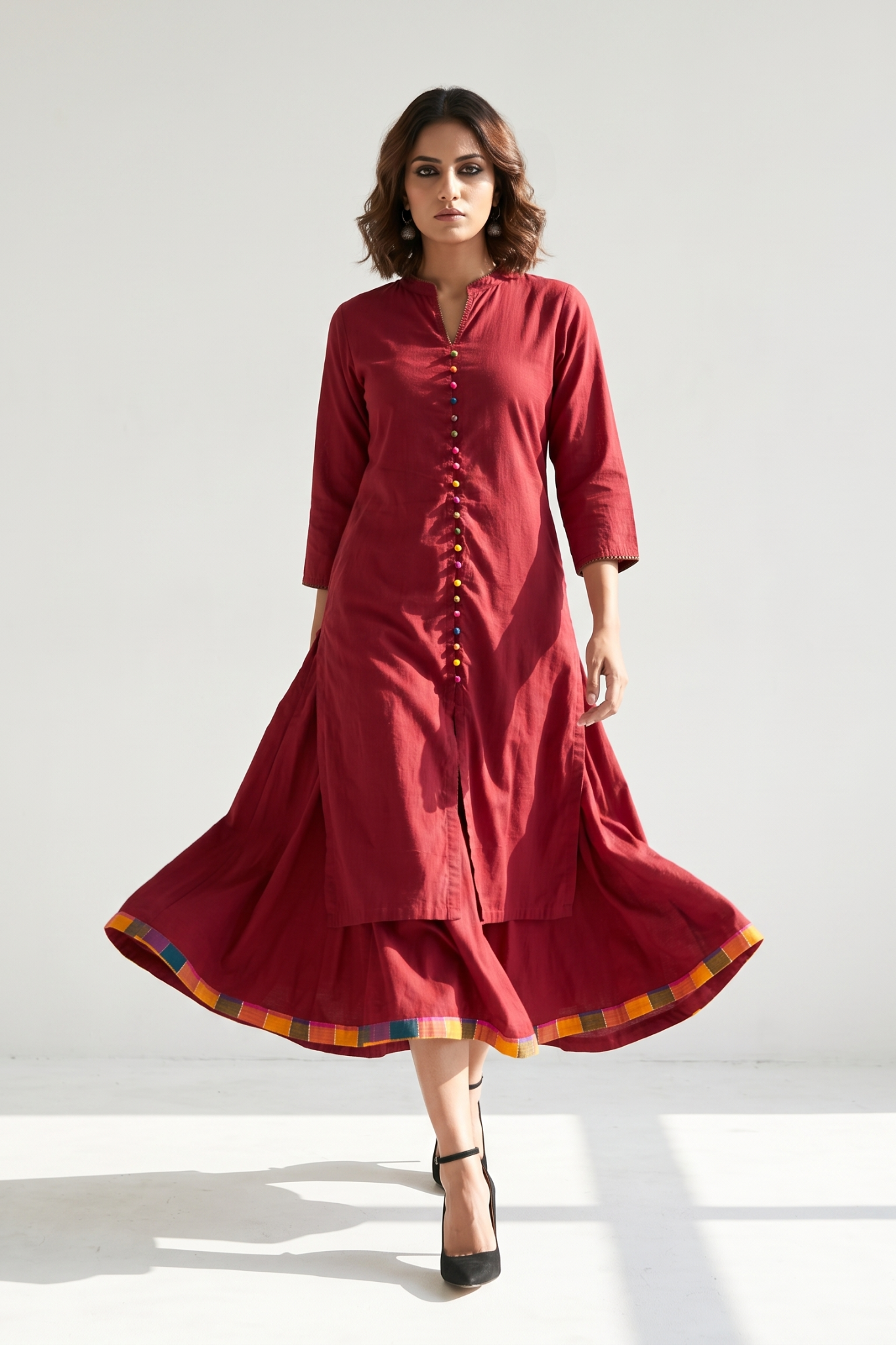 Co_ord_Set_Crimson_Cotton_Classic_Button_Down_Kurta_with_Flared_Skirt