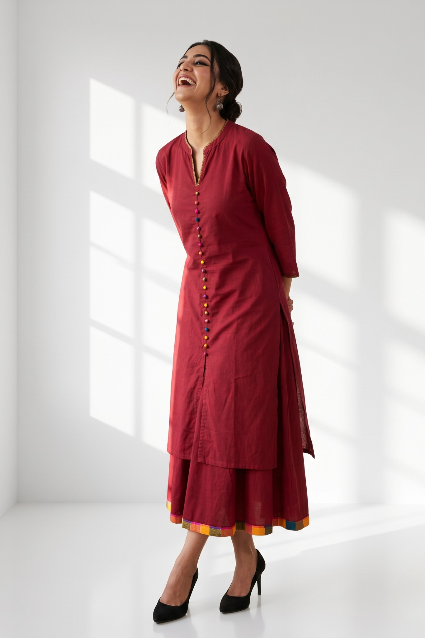 Co_ord_Set_Crimson_Cotton_Classic_Button_Down_Kurta_with_Flared_Skirt