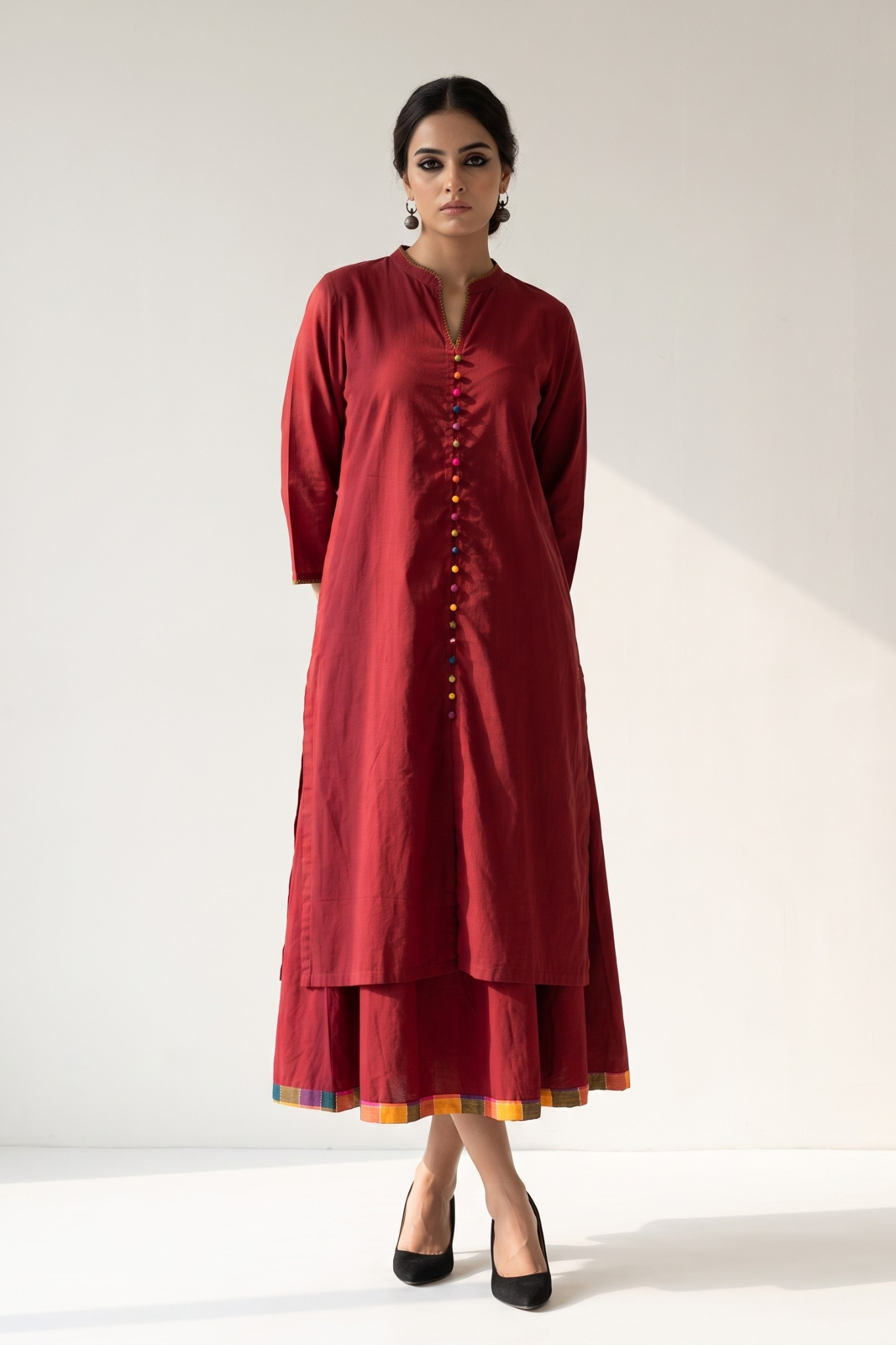 Co_ord_Set_Crimson_Cotton_Classic_Button_Down_Kurta_with_Flared_Skirt