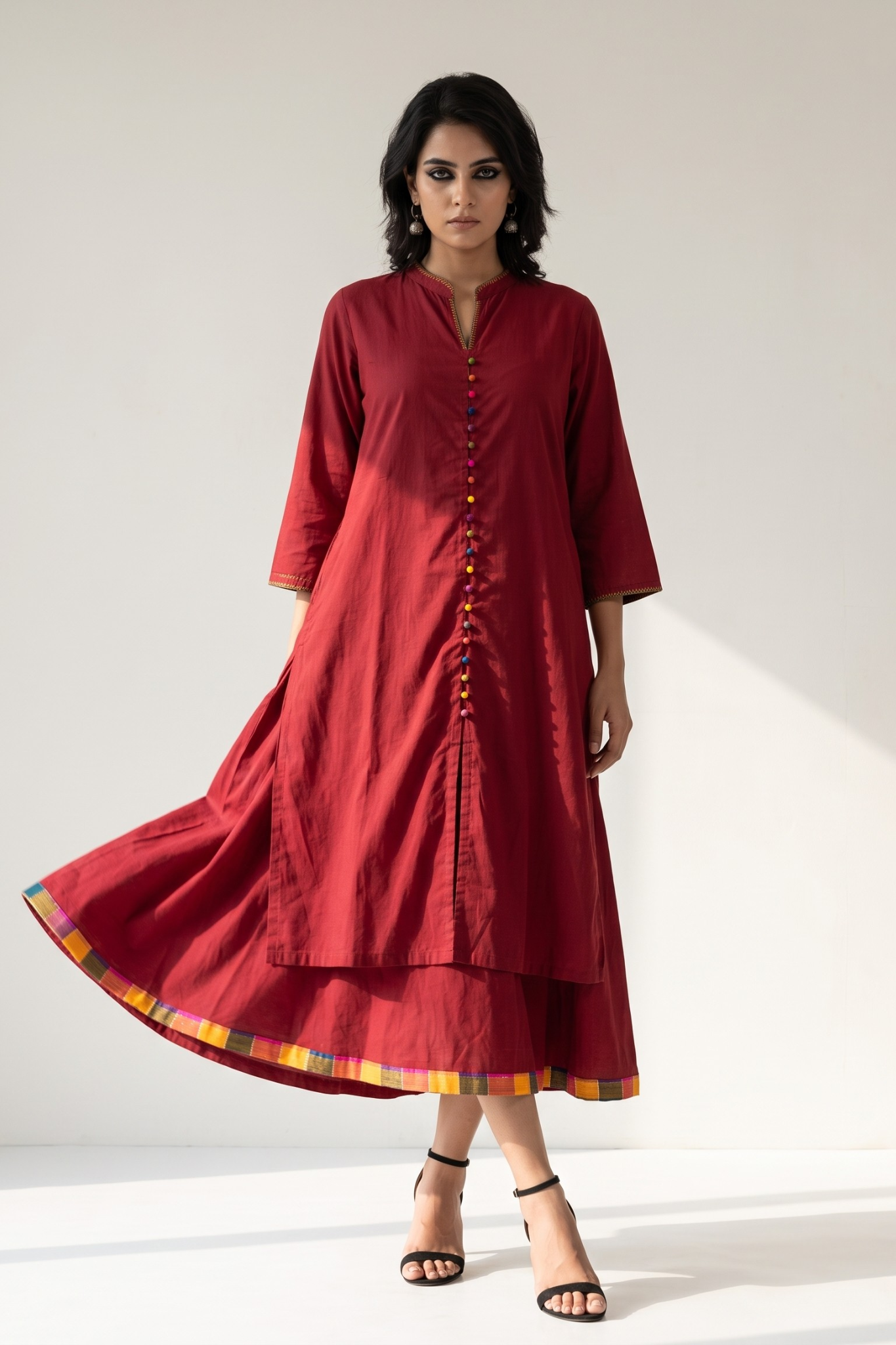 Co_ord_Set_Crimson_Cotton_Classic_Button_Down_Kurta_with_Flared_Skirt
