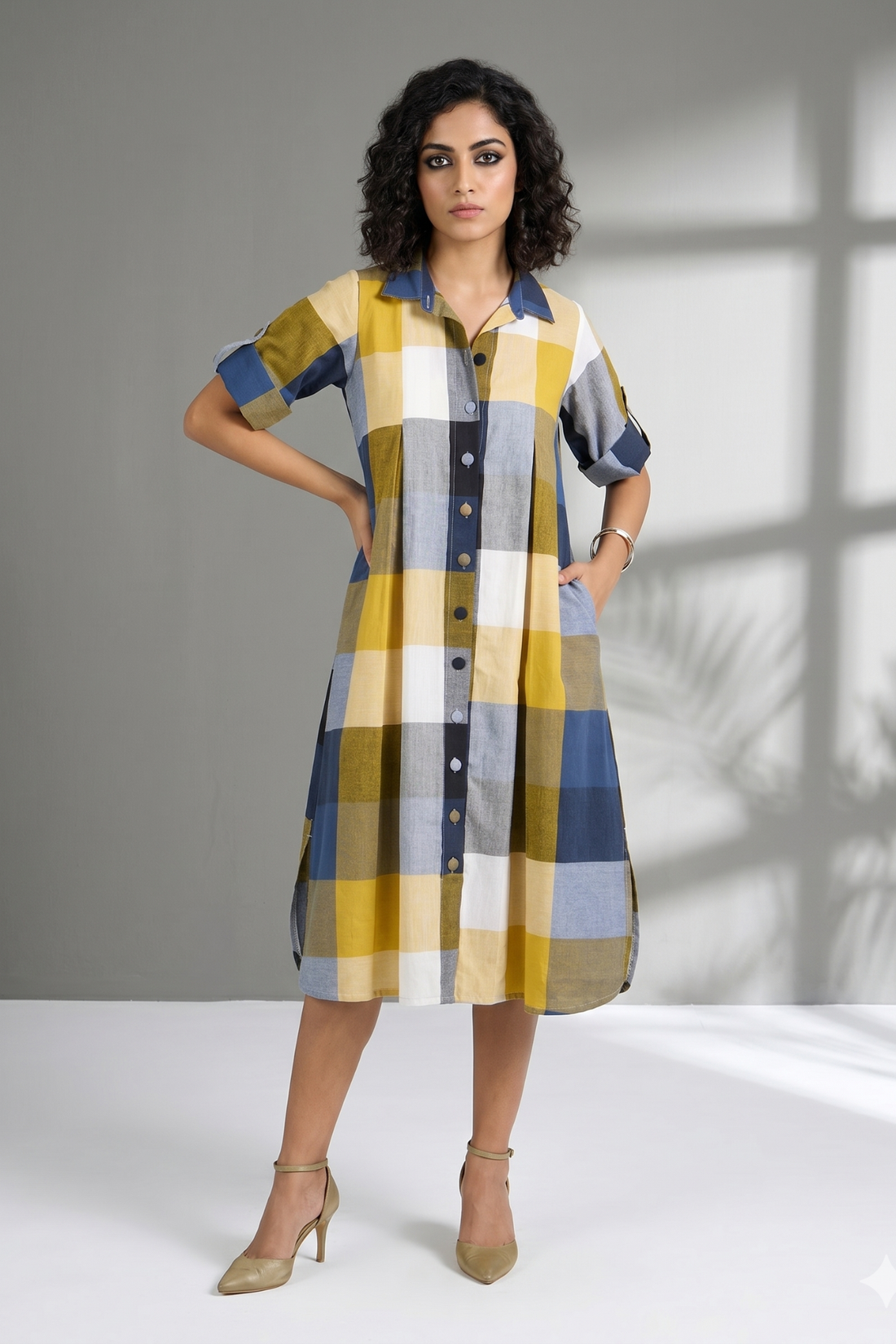 MAdras Gingham Checks Box pleat Button Down Shirt Dress