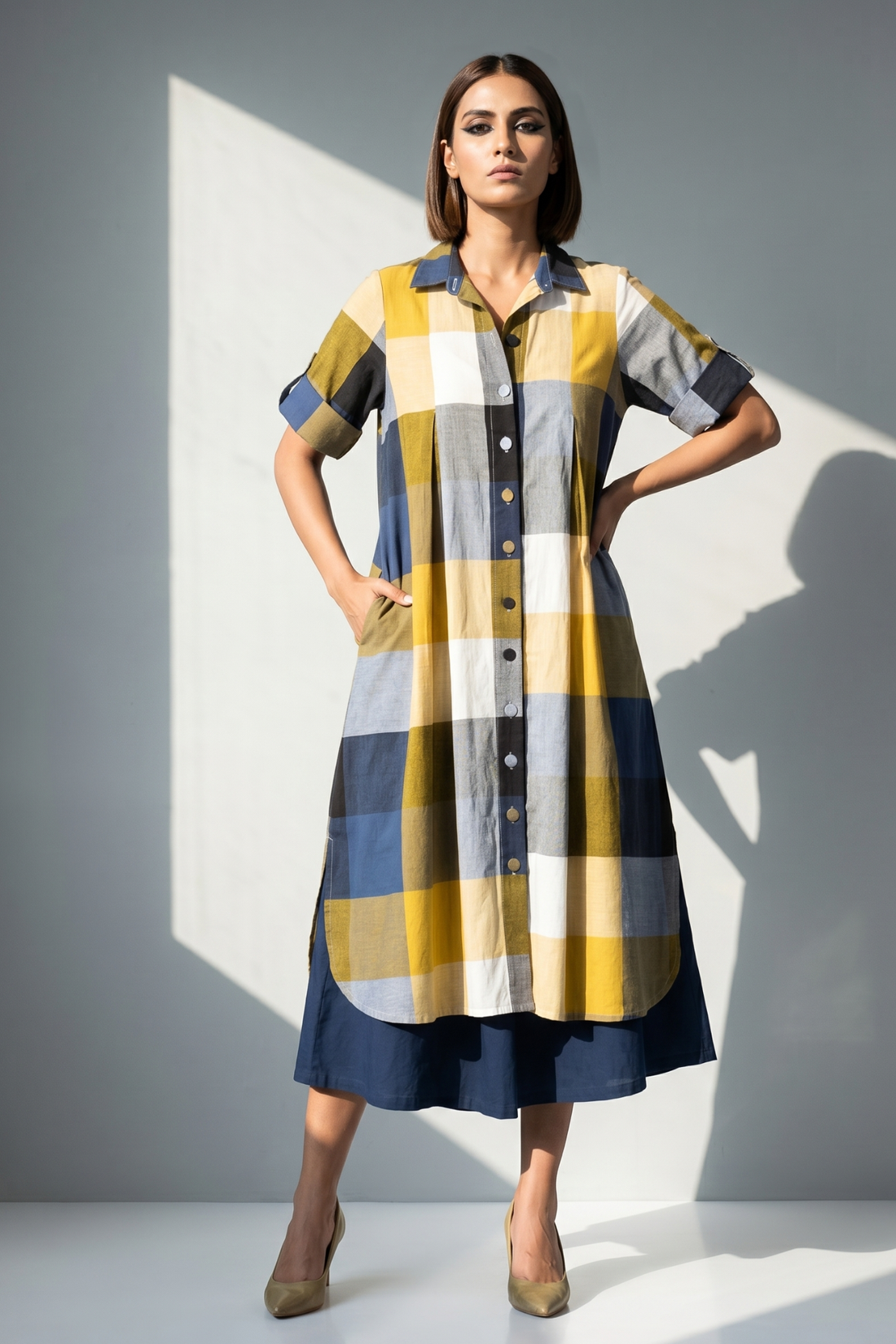 MAdras Gingham Checks Box pleat Button Down Shirt Dress